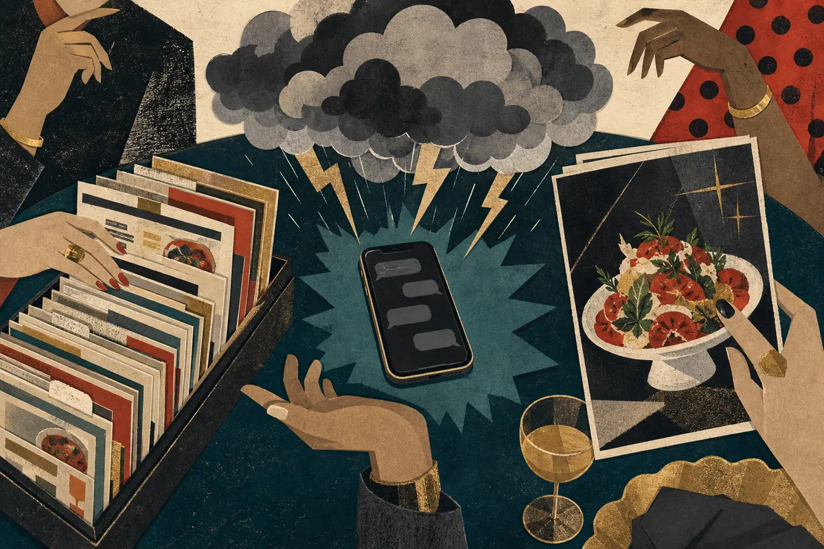 A phone is surrounded by a storm cloud, archived menus, and one vague food photo.