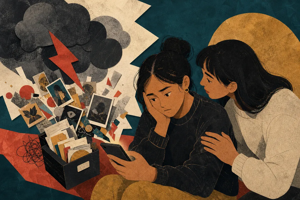 A caring friend leans toward a phone spilling alarming clues and a tiny pressure cloud.