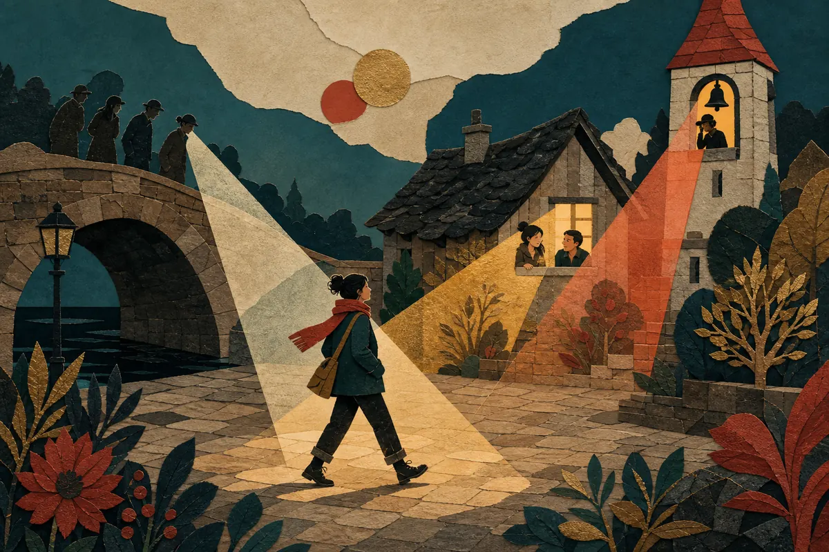Three different spotlights follow an ordinary person through a small-town square.