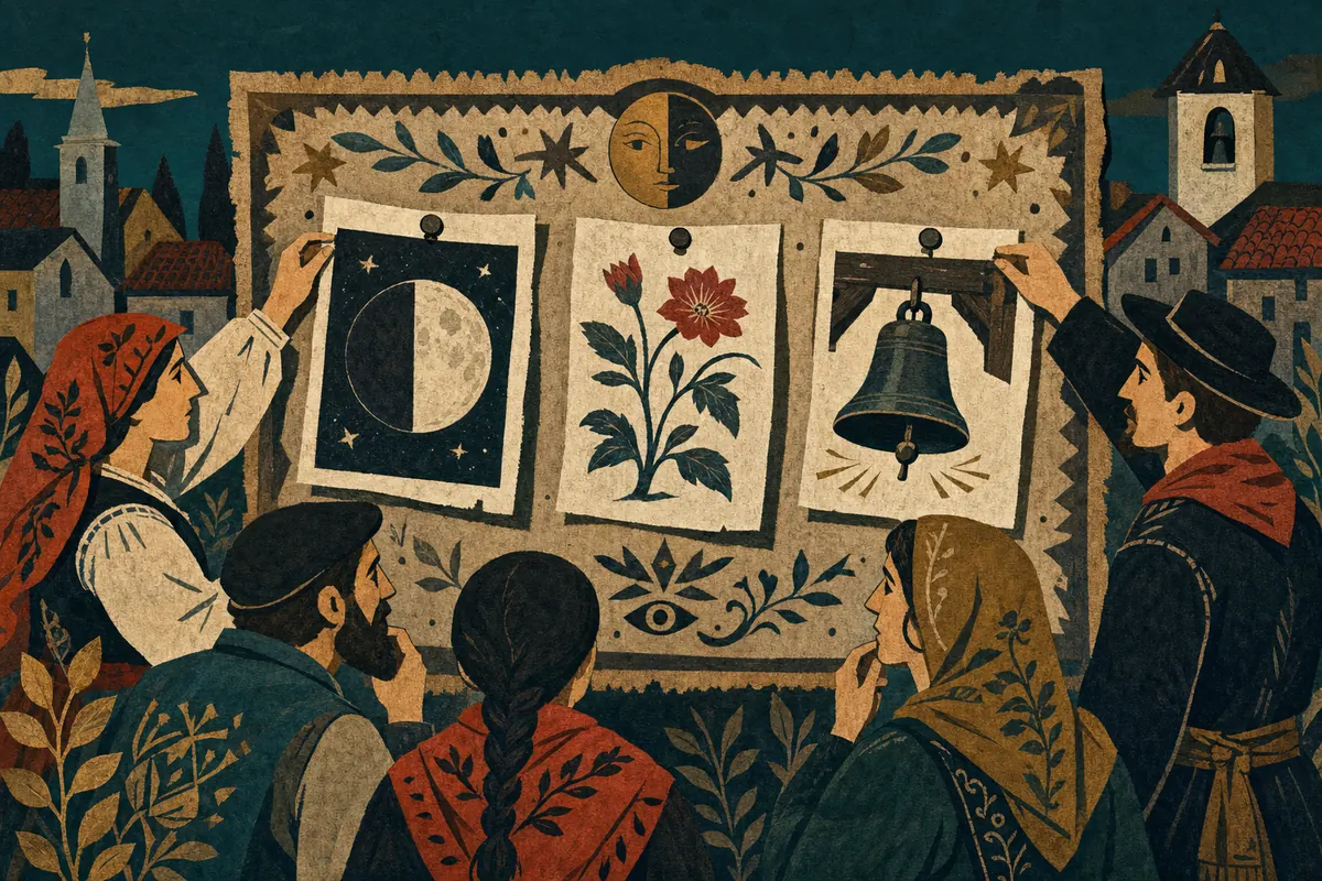Townspeople study a moon phase, an out-of-season flower, and a bell ringing by itself.
