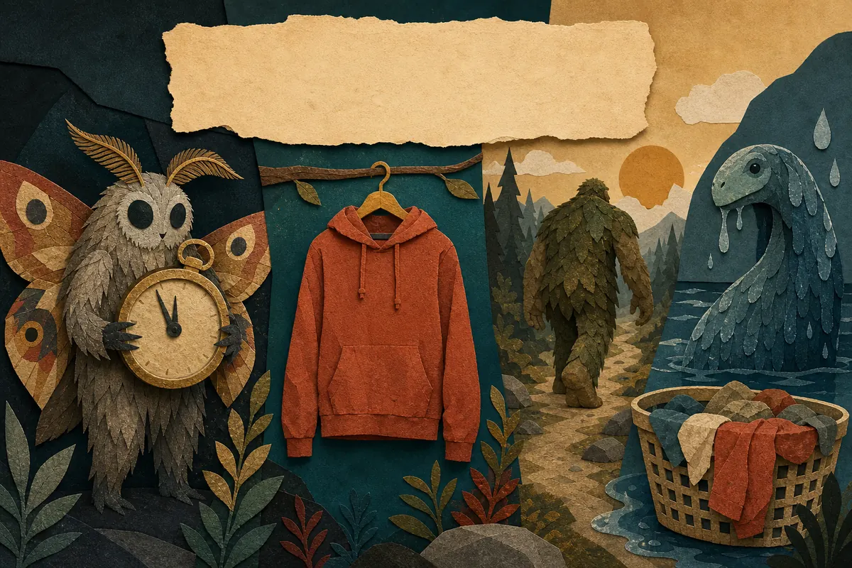 A favorite hoodie hangs between three cryptids displaying very different warning signs.