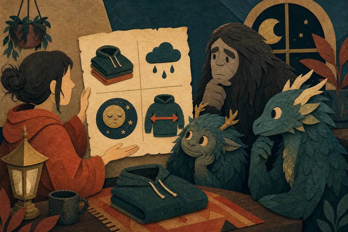 Three cryptids study symbolic hoodie rules for timing, folding, dryness, and stretching.