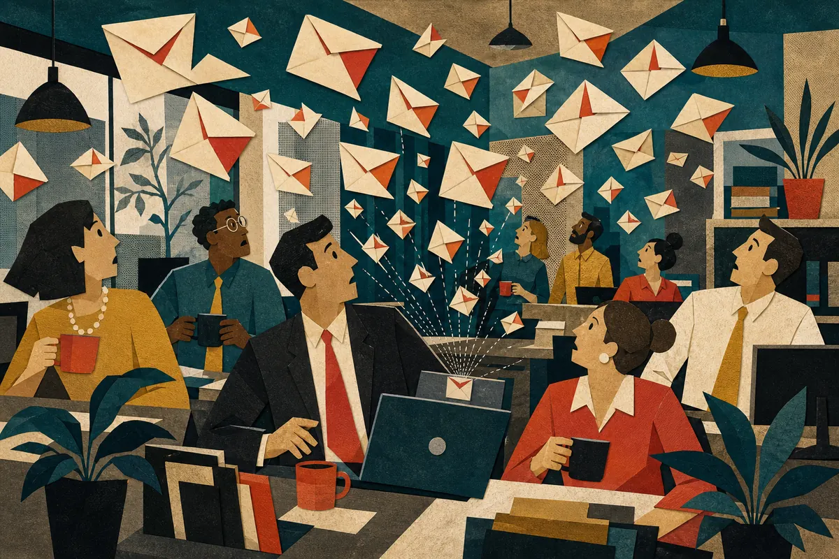 One tiny envelope duplicates across an office like a flock of startled birds.
