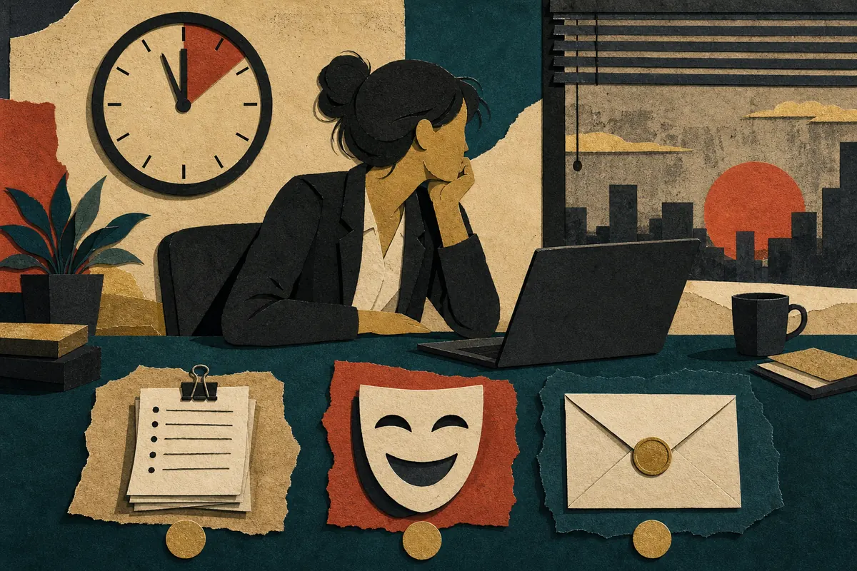An office clock nears closing time beside organized notes, a comic mask, and one sealed message.