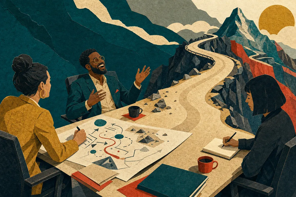 A mythic office meeting literally drifts off course into the mountains.
