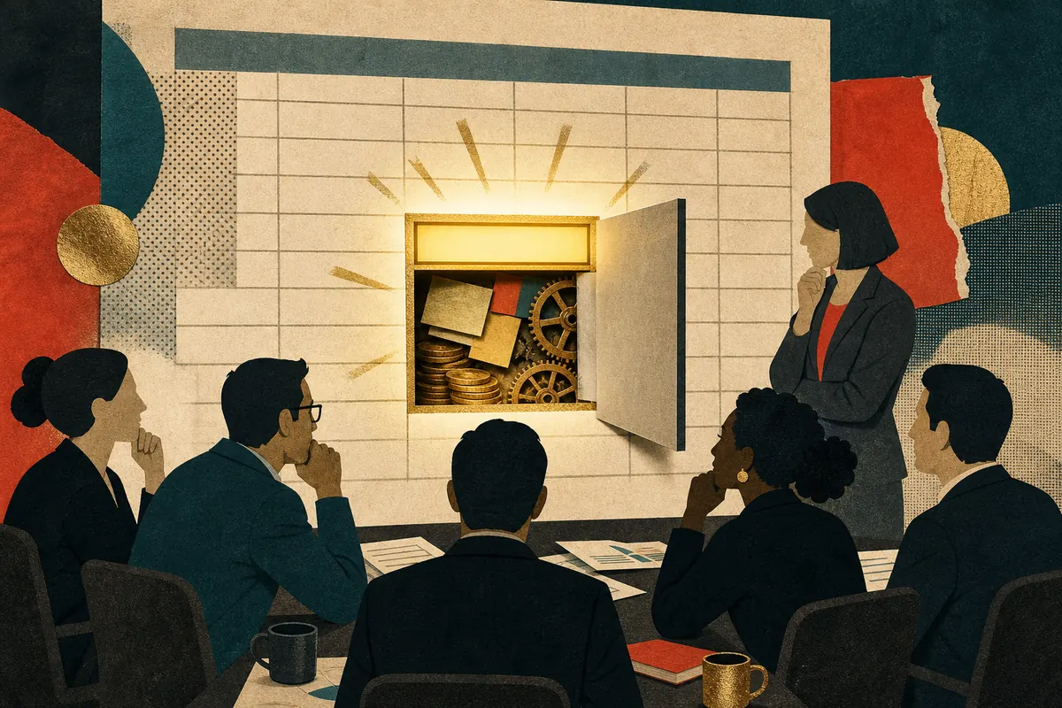 A glowing spreadsheet cell reveals coins, hidden notes, and antique pivot gears.
