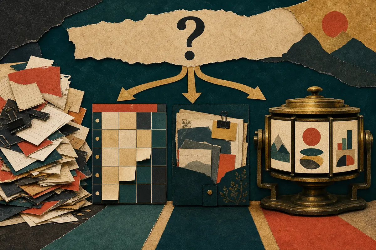A chaotic plan divides into a budget grid, hidden notes, and an antique summary machine.