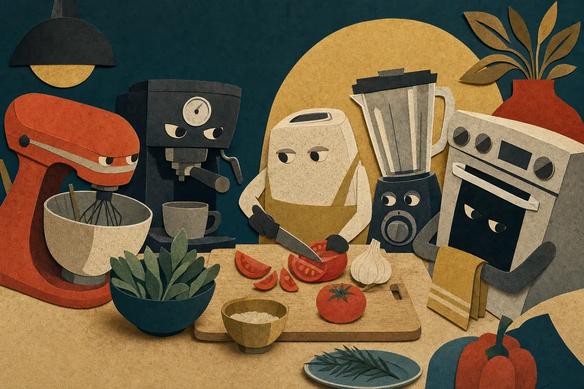 Rival kitchen appliances divide up jobs around a neutral cutting board.