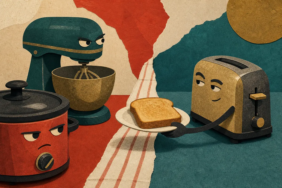 A rival toaster offers one perfect slice across a suspicious kitchen boundary.