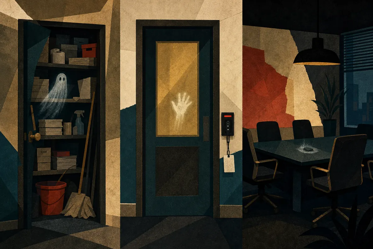 A supply closet, locked badge door, and dark conference room each hold one ghostly clue.