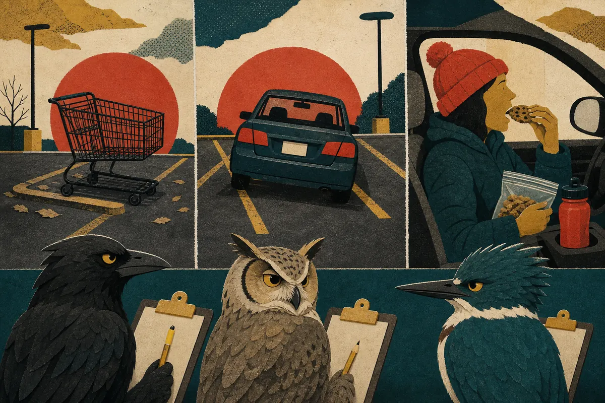 Judging birds observe an abandoned cart, crooked parking job, and prematurely eaten snack.