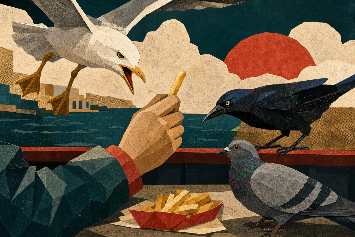 Three parking-lot birds close in on a shopper holding one french fry.