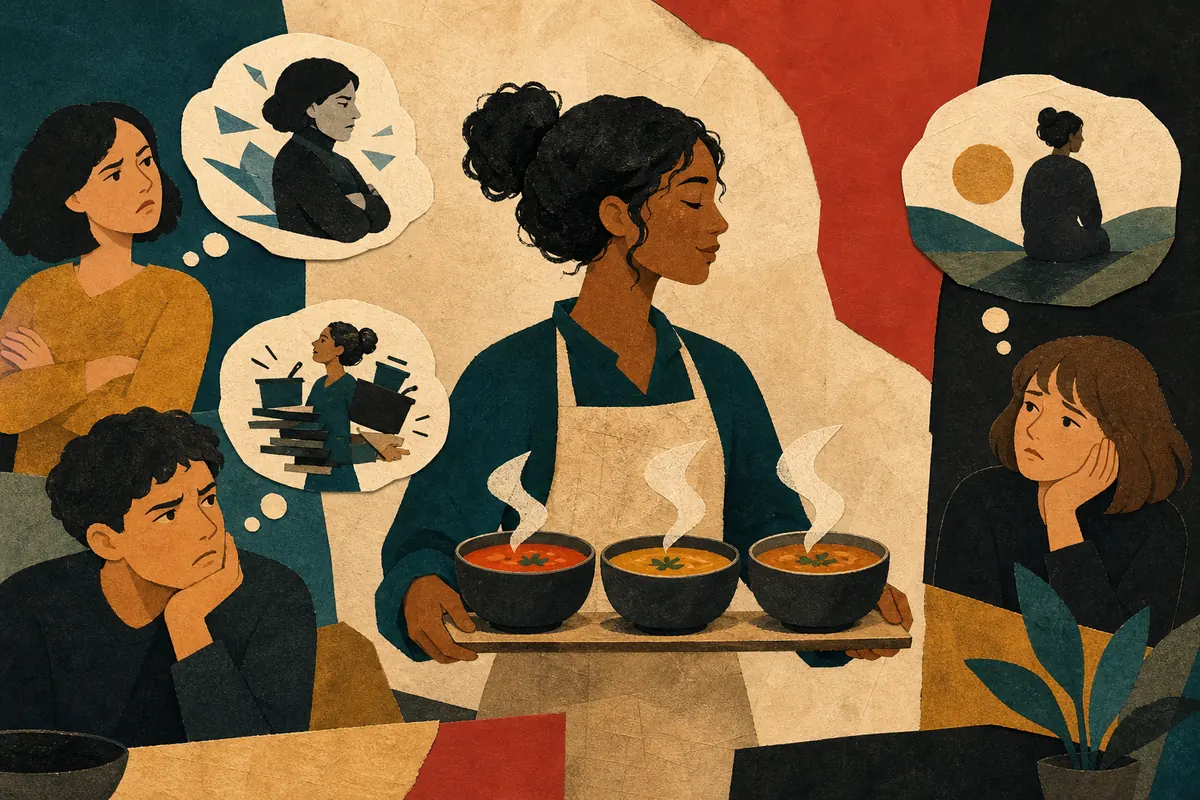 A caring person offers three soups while onlookers misunderstand the gesture in different ways.